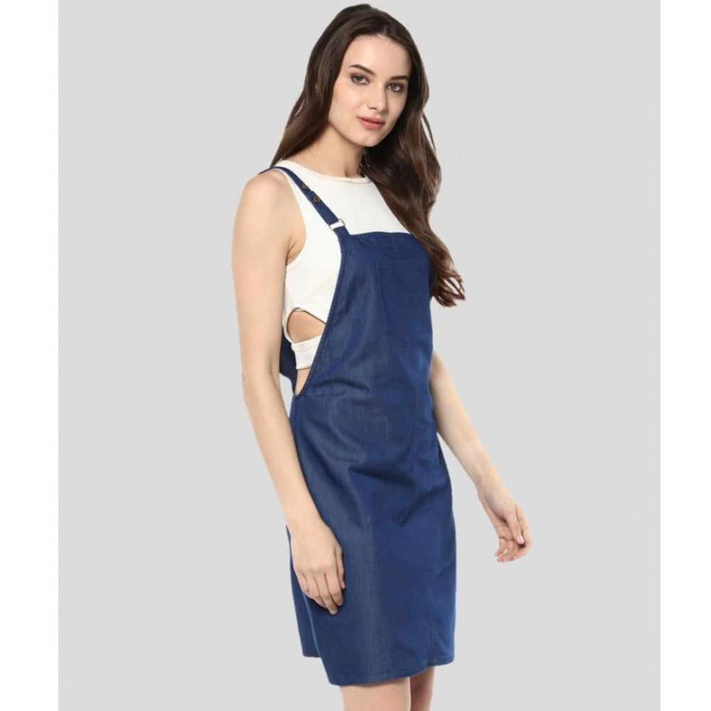 Women'S Denim Solid Shoulder Straps Above Knee Dress (Blue)