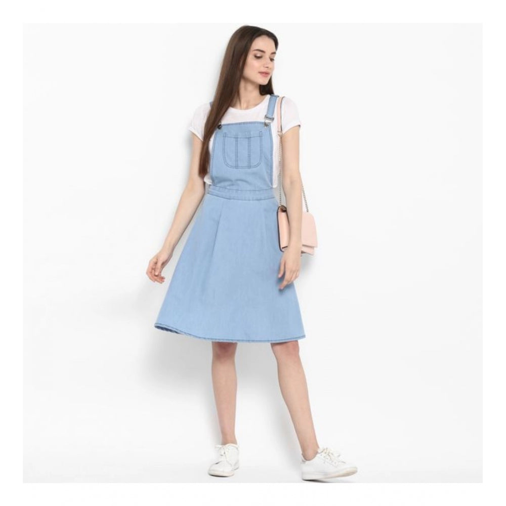 Women'S Denim Solid Sleeveless Above Knee Dress (Blue)