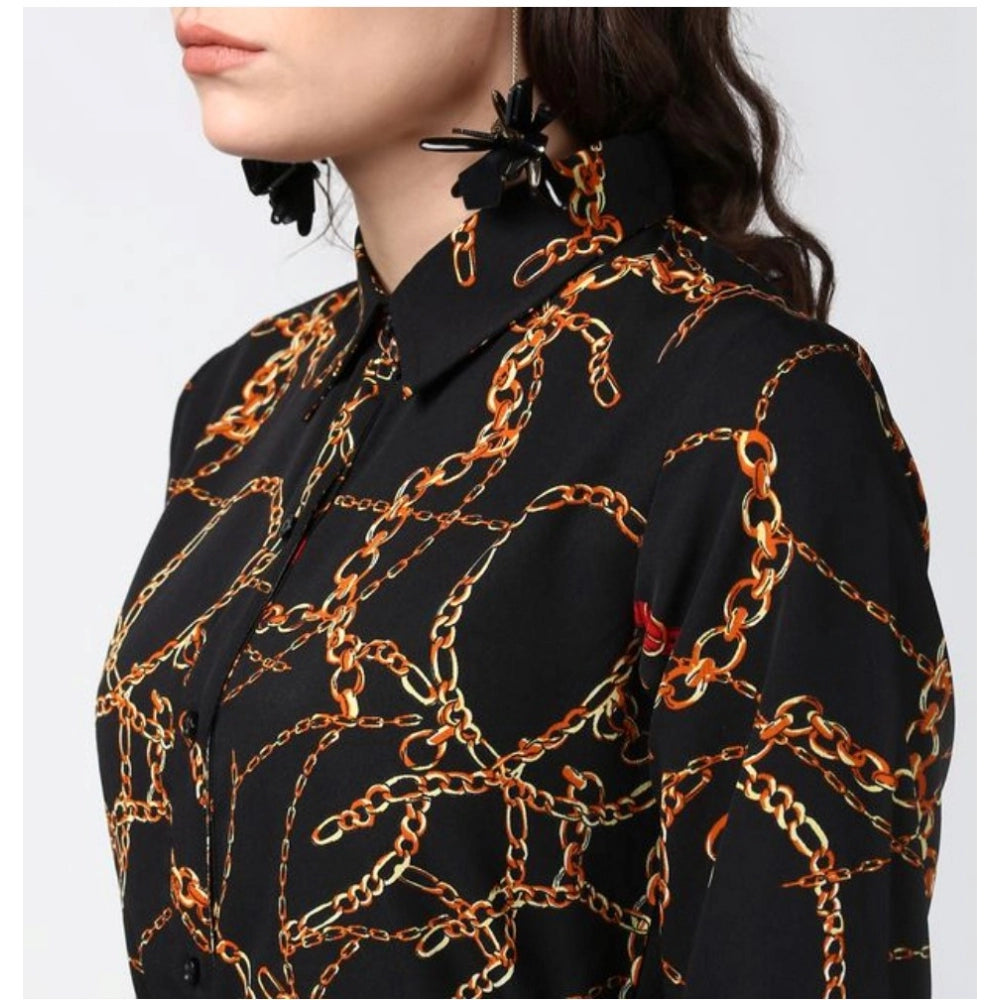 Women'S Polyester Chain Print Roll Up Sleeve Below Knee Dress