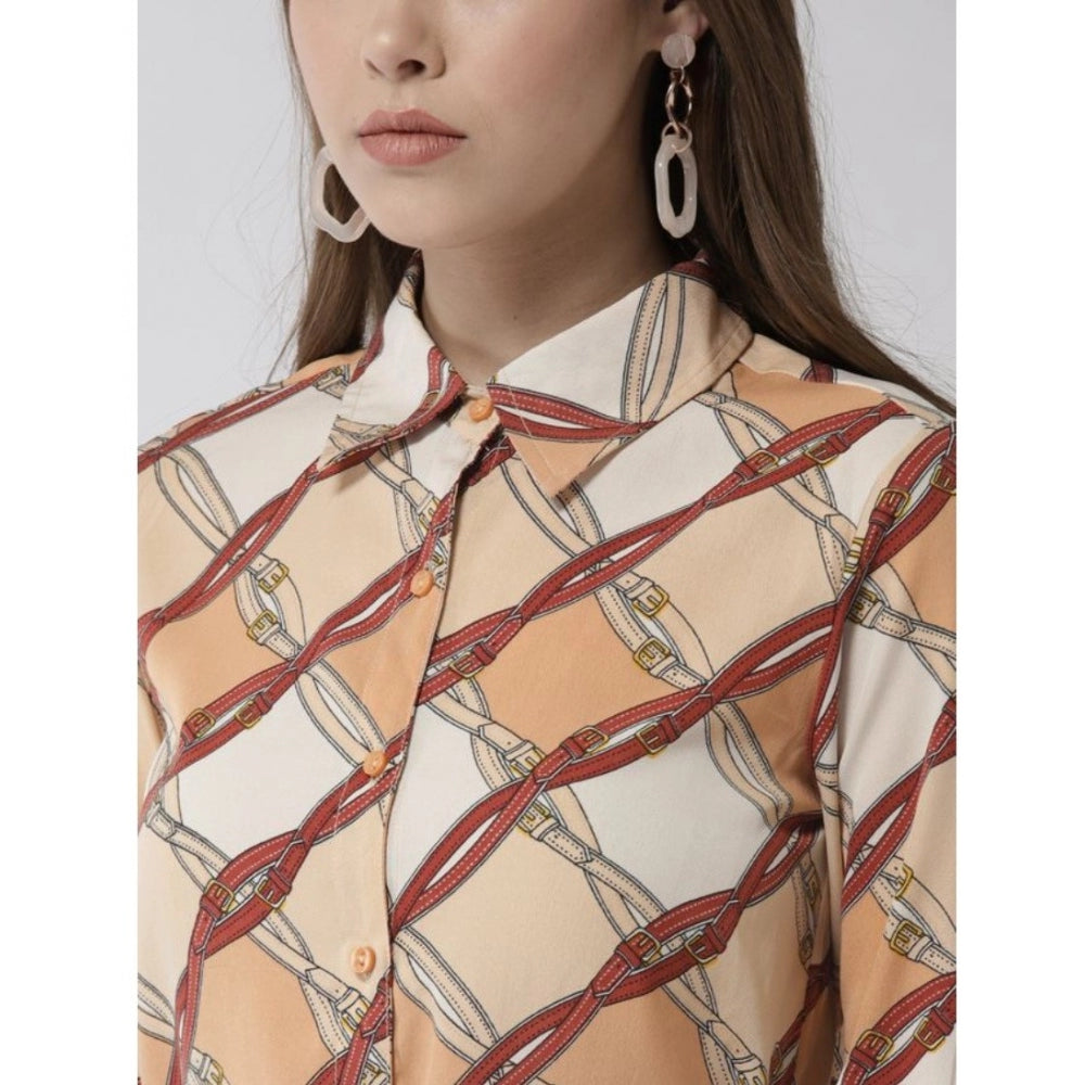 Women'S Polyester Printed Roll Up Sleeve Above Knee Dress (Off