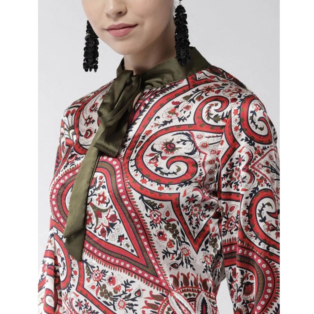 Women'S Polyester Printed Long Sleeves Above Knee Dress (Red)