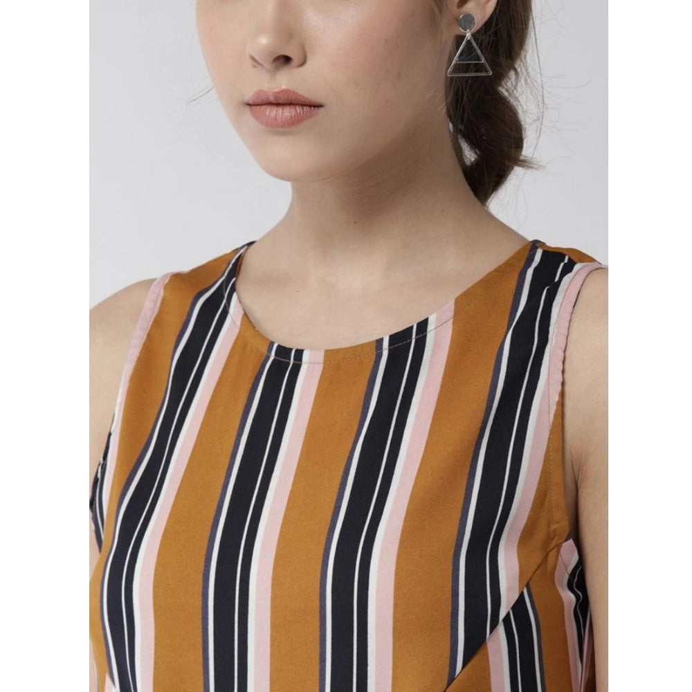 Women'S Polyester Striped Sleeveless Below Knee Dress (Mustard