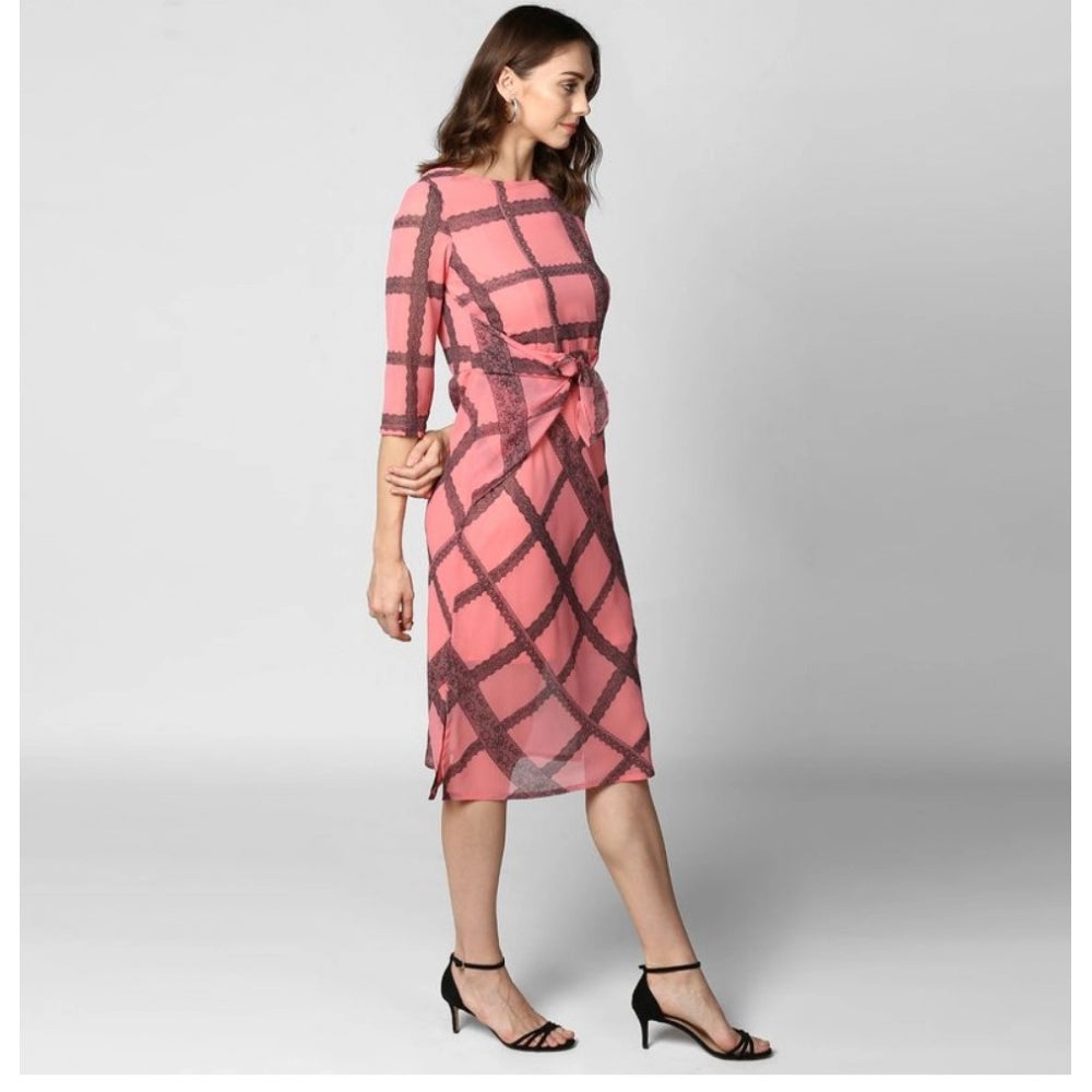 Women'S Polyester Checkered 3-4Th Sleeves Below Knee Dress (Pi