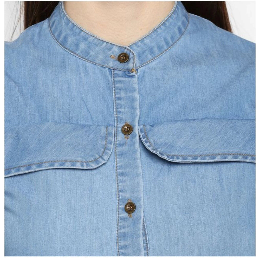 Women'S Denim Solid Cold Shoulder Above Knee Dress (Blue)
