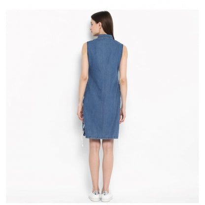 Women's Denim Solid Sleeveless Above Knee Dress (Blue)