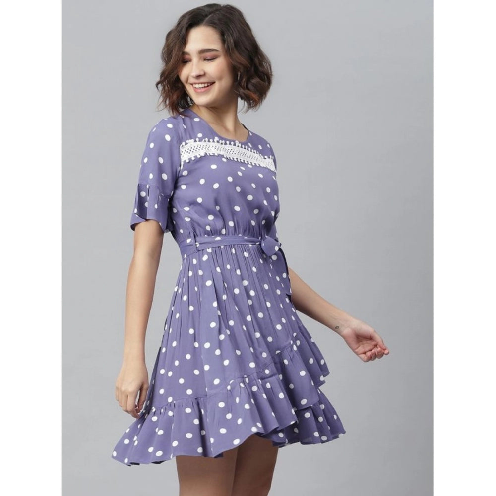 Women'S Polyester Polka Bell Sleeve Above Knee Dress (Lavender