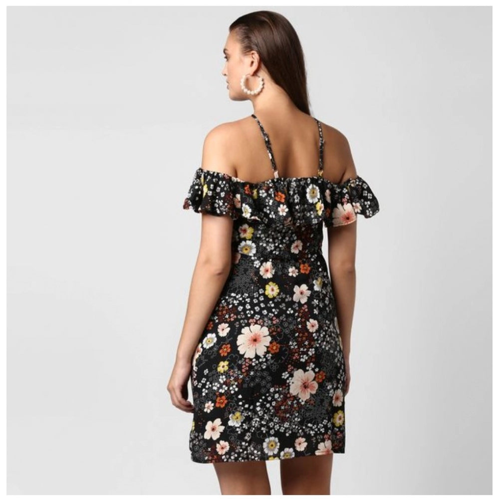 Women'S Polyester Floral Cold Shoulder Above Knee Dress (Black