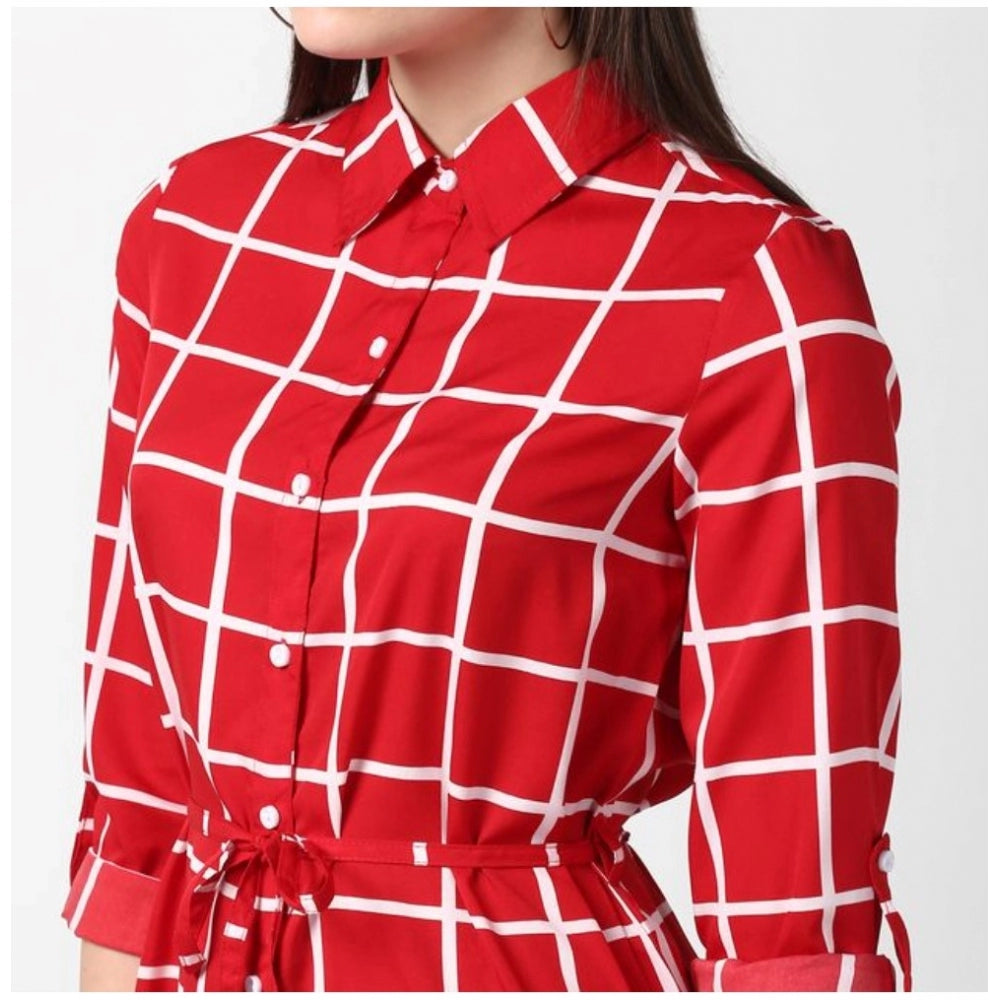 Women'S Polyester Checkered Long Sleeves Above Knee Dress (Red