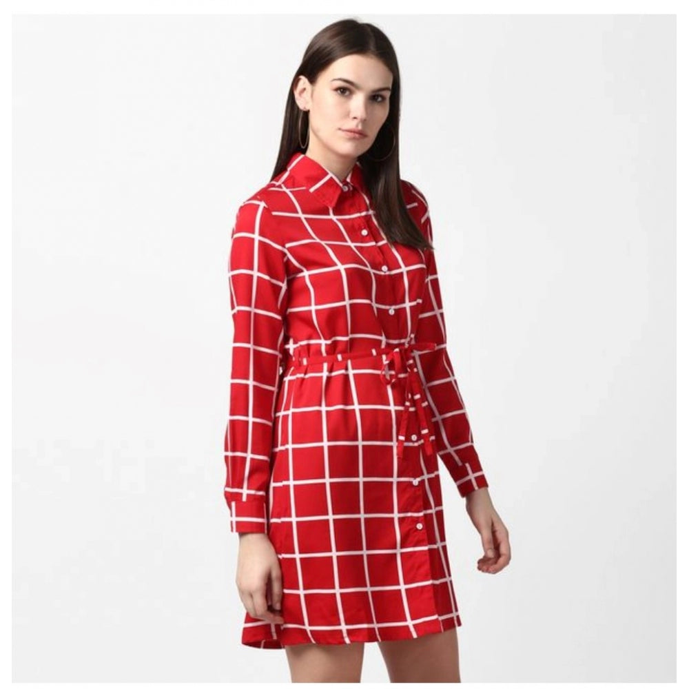 Women'S Polyester Checkered Long Sleeves Above Knee Dress (Red