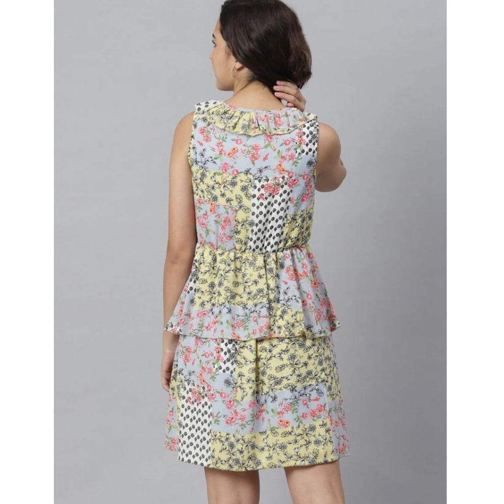 Women'S Polyester Peplum Sleeveless Above Knee Dress (Multicol