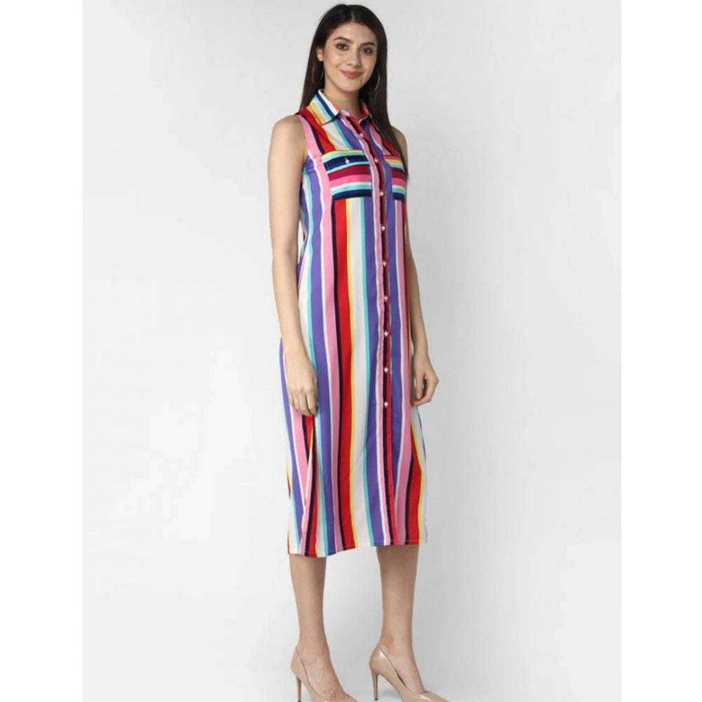 Women'S Polyester Striped Sleeveless Calf-Length Dress (Multic