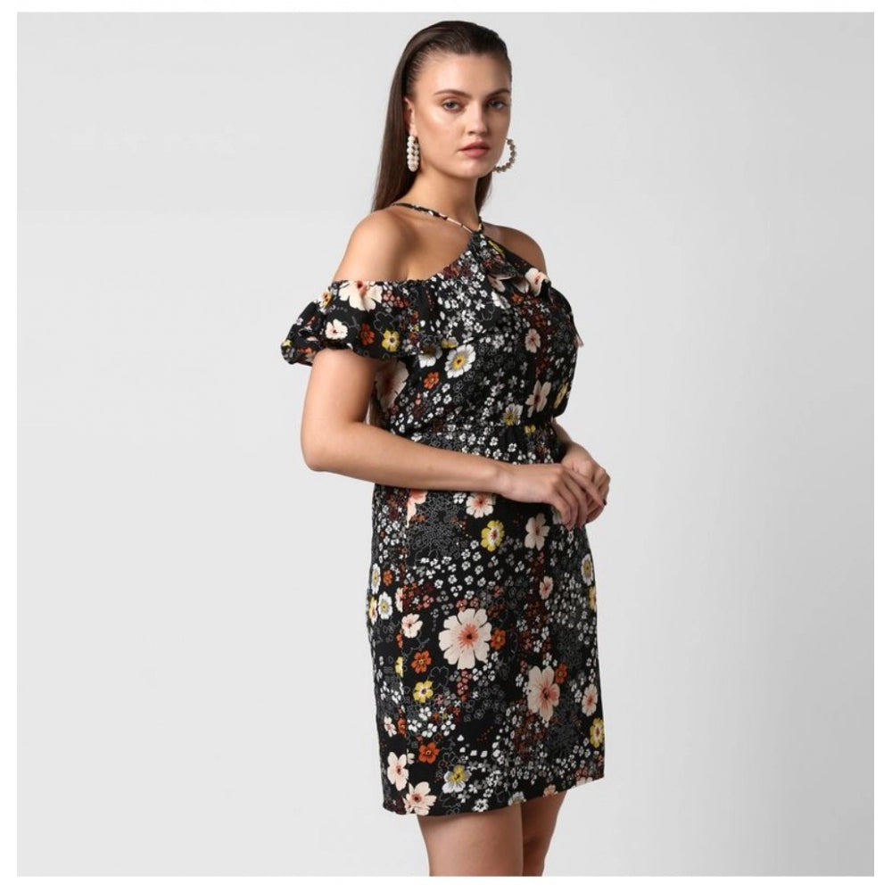 Women'S Polyester Floral Cold Shoulder Above Knee Dress (Black