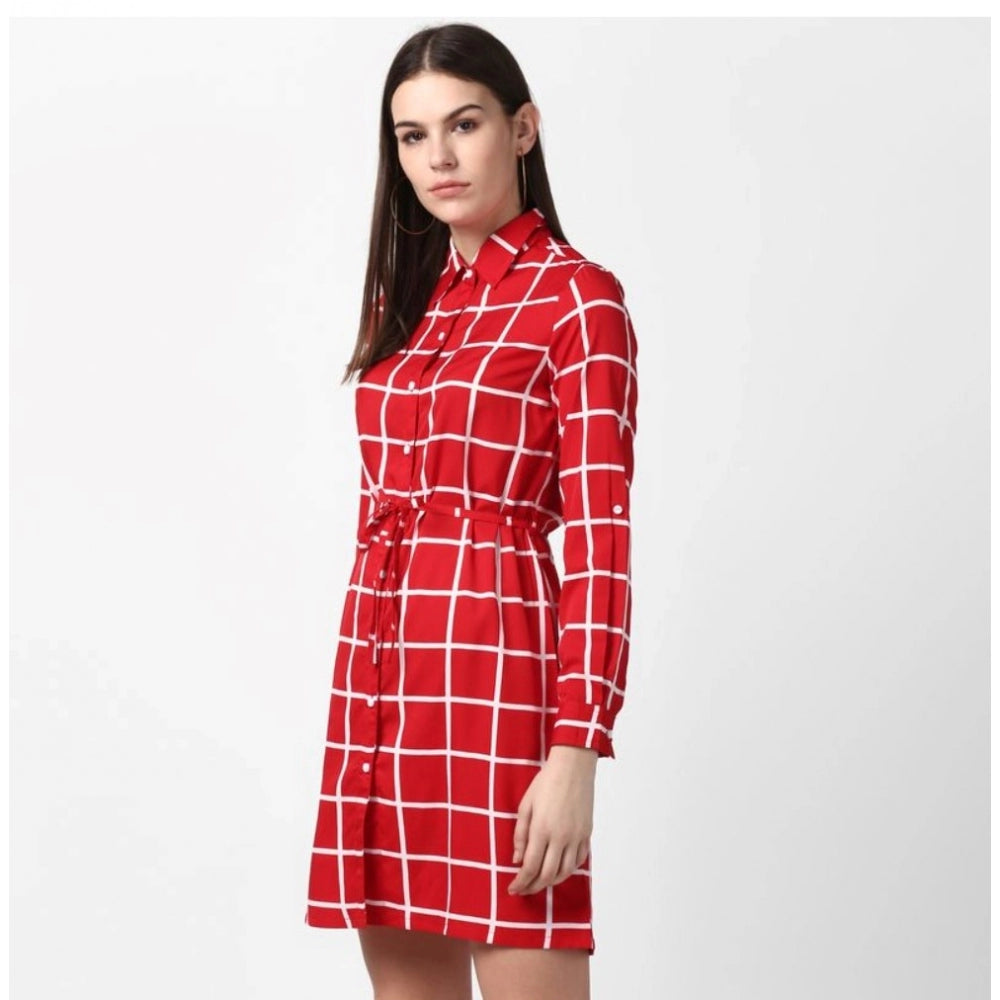 Women'S Polyester Checkered Long Sleeves Above Knee Dress (Red