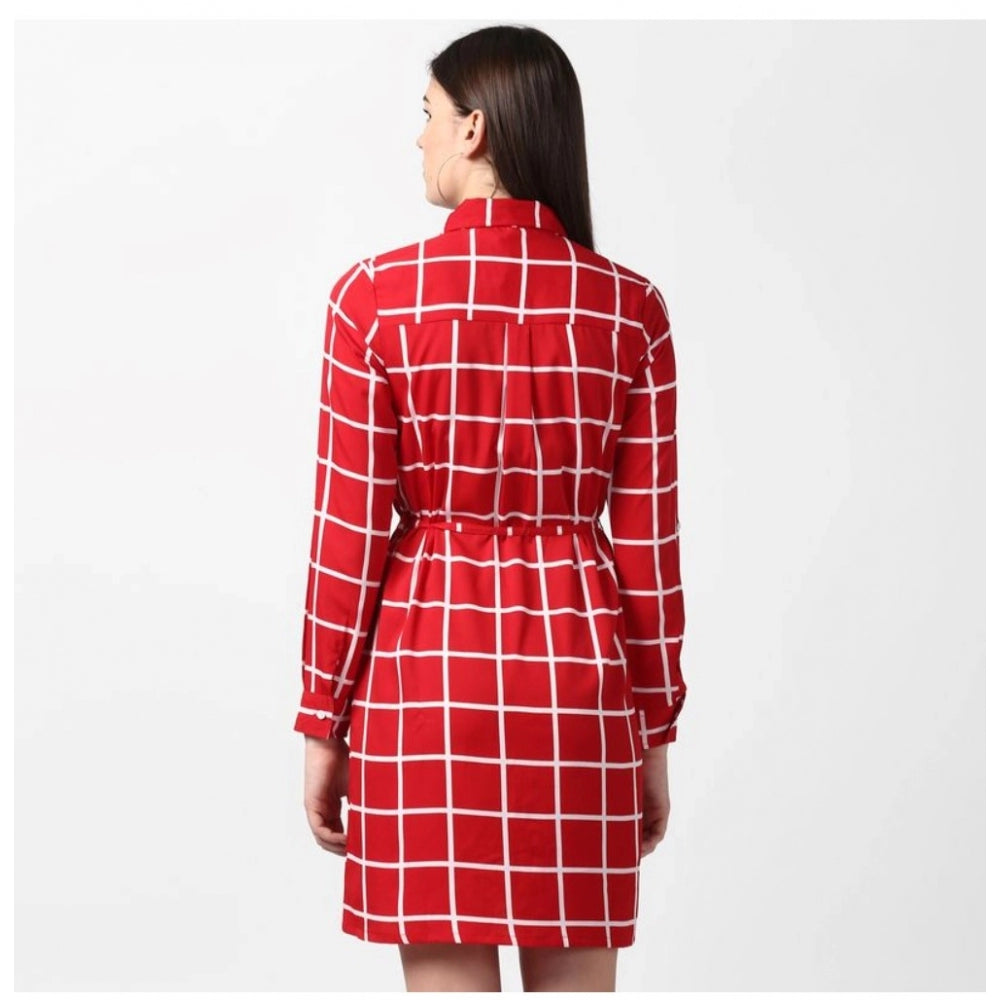 Women'S Polyester Checkered Long Sleeves Above Knee Dress (Red
