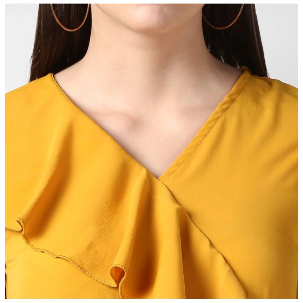 Women'S Polyester Ruffled Cap Sleeve Knee-Length Dress (Yellow