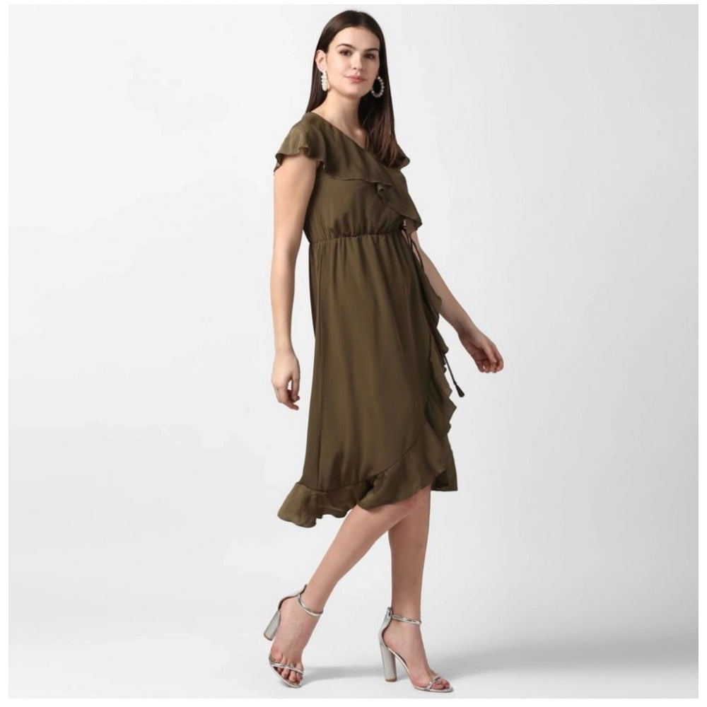 Women'S Polyester Ruffled Cap Sleeve Knee-Length Dress (Olive)