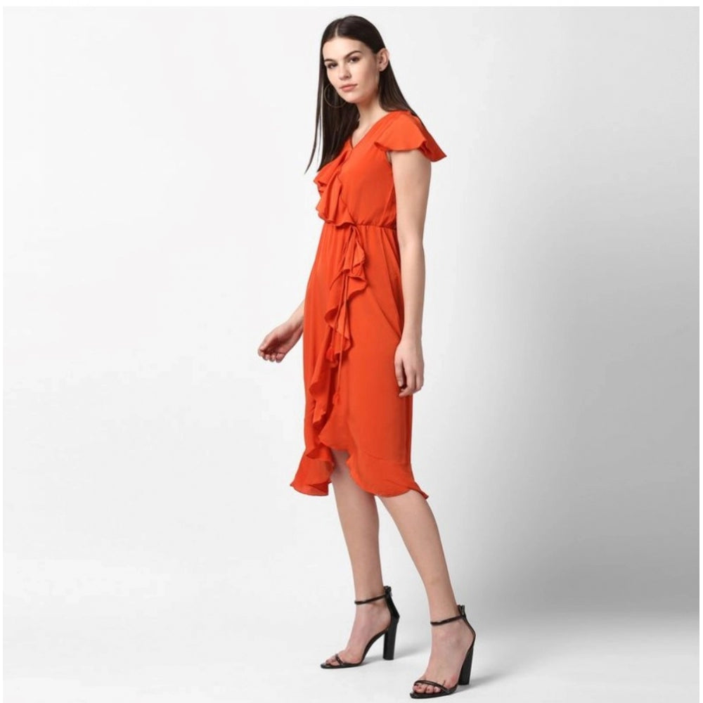 Women'S Polyester Ruffled Cap Sleeve Knee-Length Dress (Orange