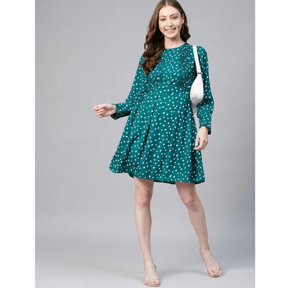 Women'S Polyester Polka Long Sleeves Above Knee Dress (Green