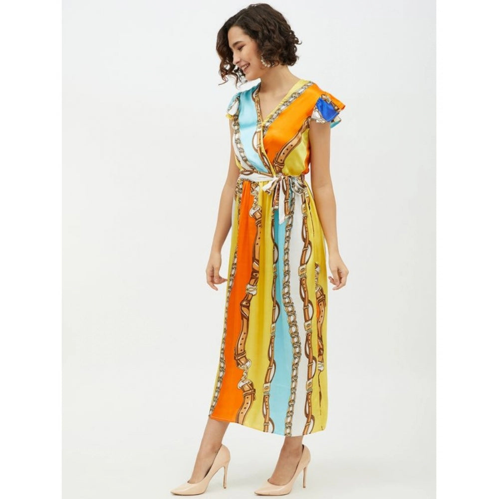 Women'S Satin Chain Print Cap Sleeve Calf-Length Dress (Multic