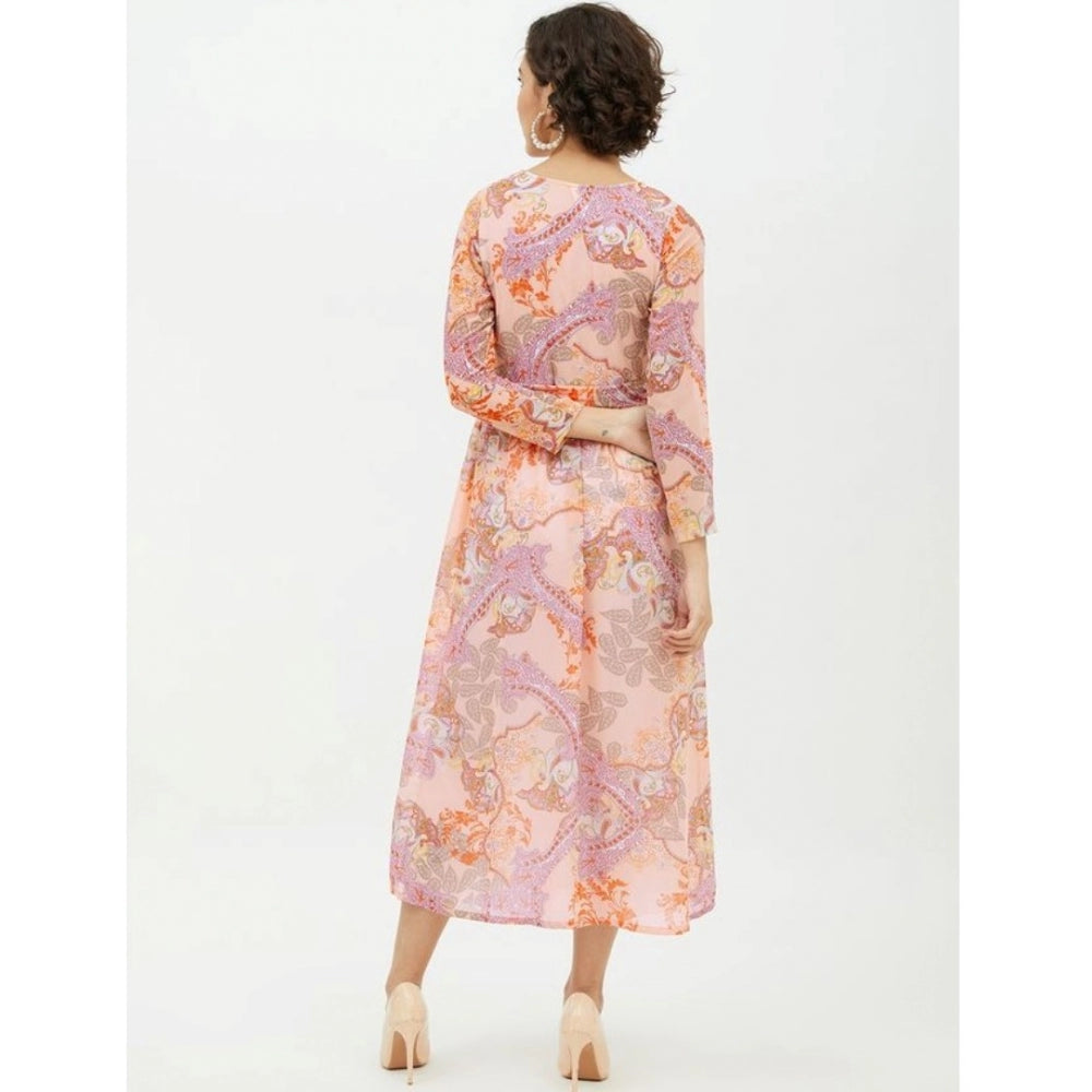Women'S Polyester Printed Long Sleeves Calf-Length Dress (Mult