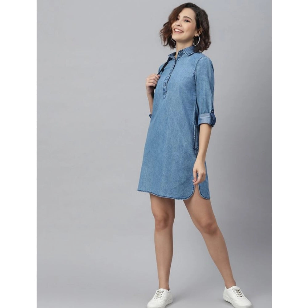 Women'S Denim Solid Long Sleeves Above Knee Dress (Ice Blue)