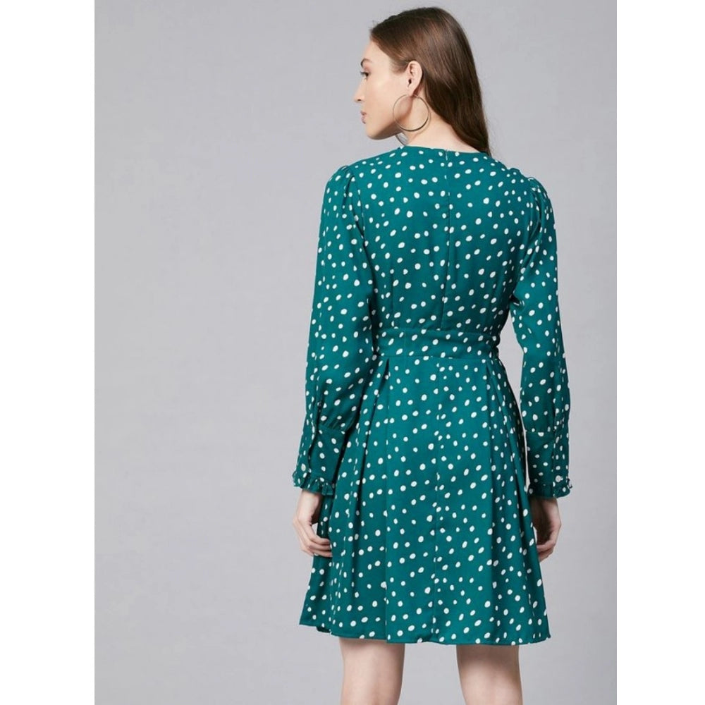 Women'S Polyester Polka Long Sleeves Above Knee Dress (Green