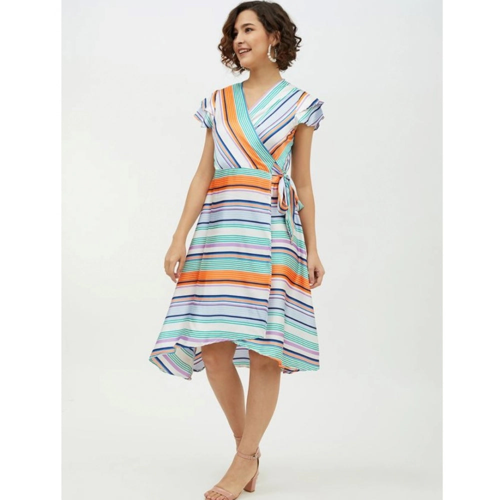 Women'S Satin Striped Short Sleeve Knee-Length Dress (Multicol