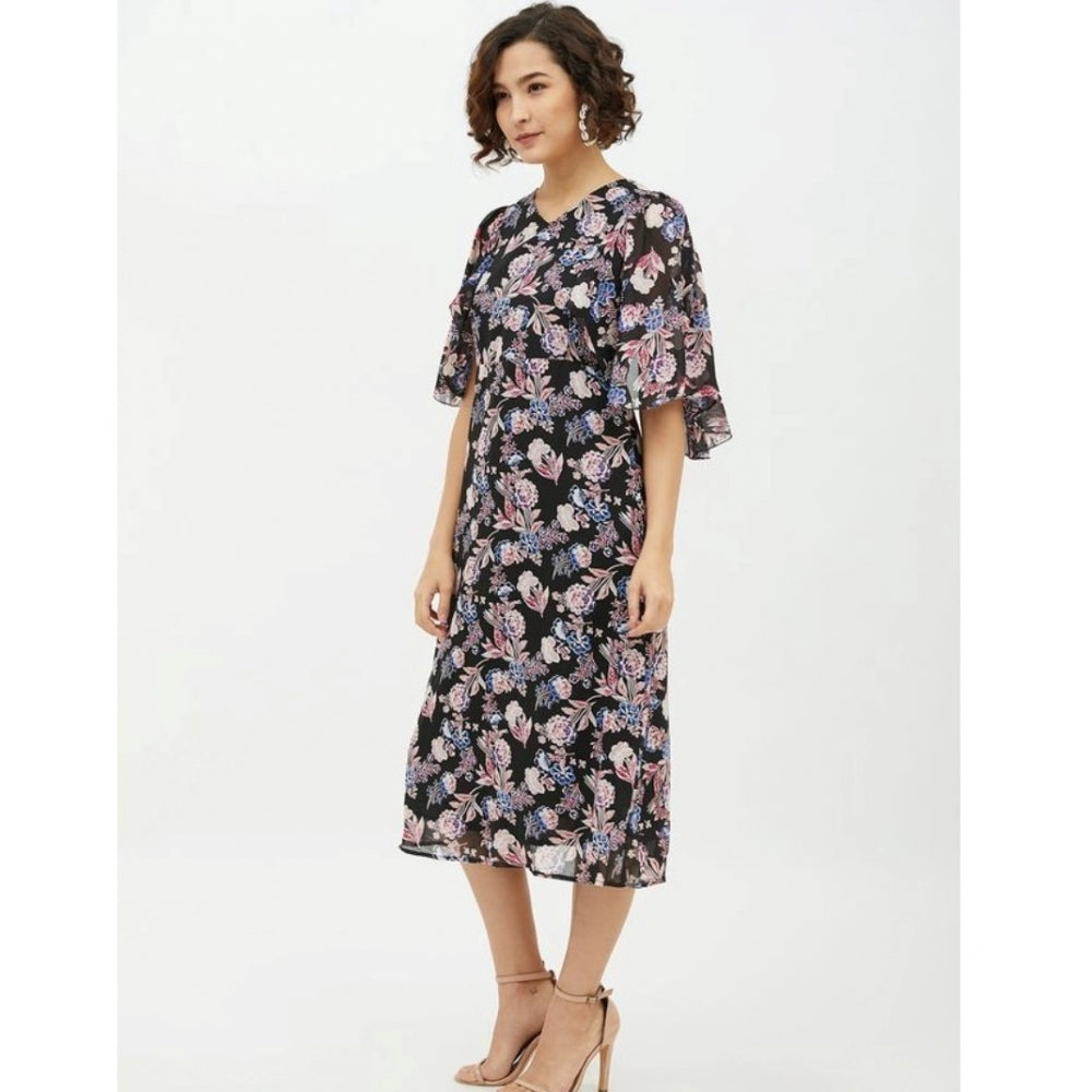 Women'S Polyester Chain Print Cap Sleeve Calf-Length Dress (Mu