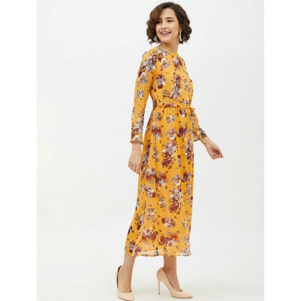 Women'S Polyester Floral Long Sleeves Calf-Length Dress (Multi