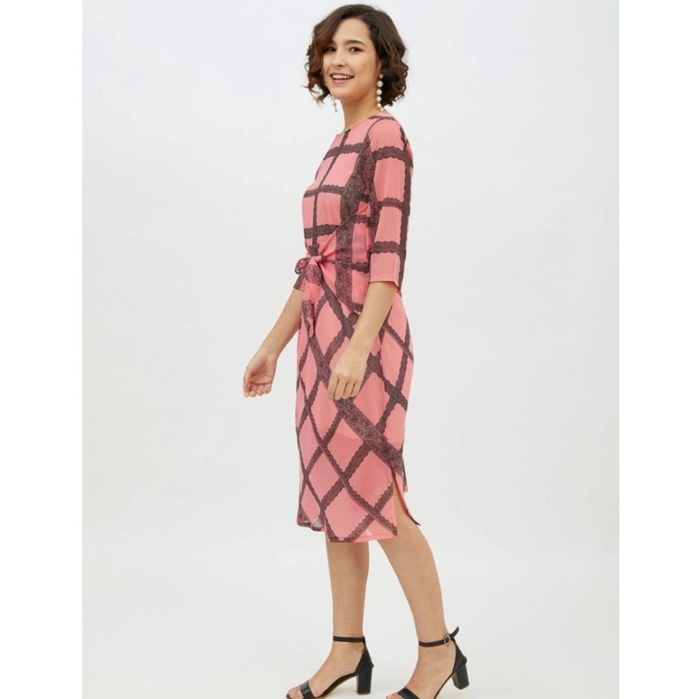 Women'S Polyester Checkered 3-4Th Sleeves Below Knee Dress (Pi