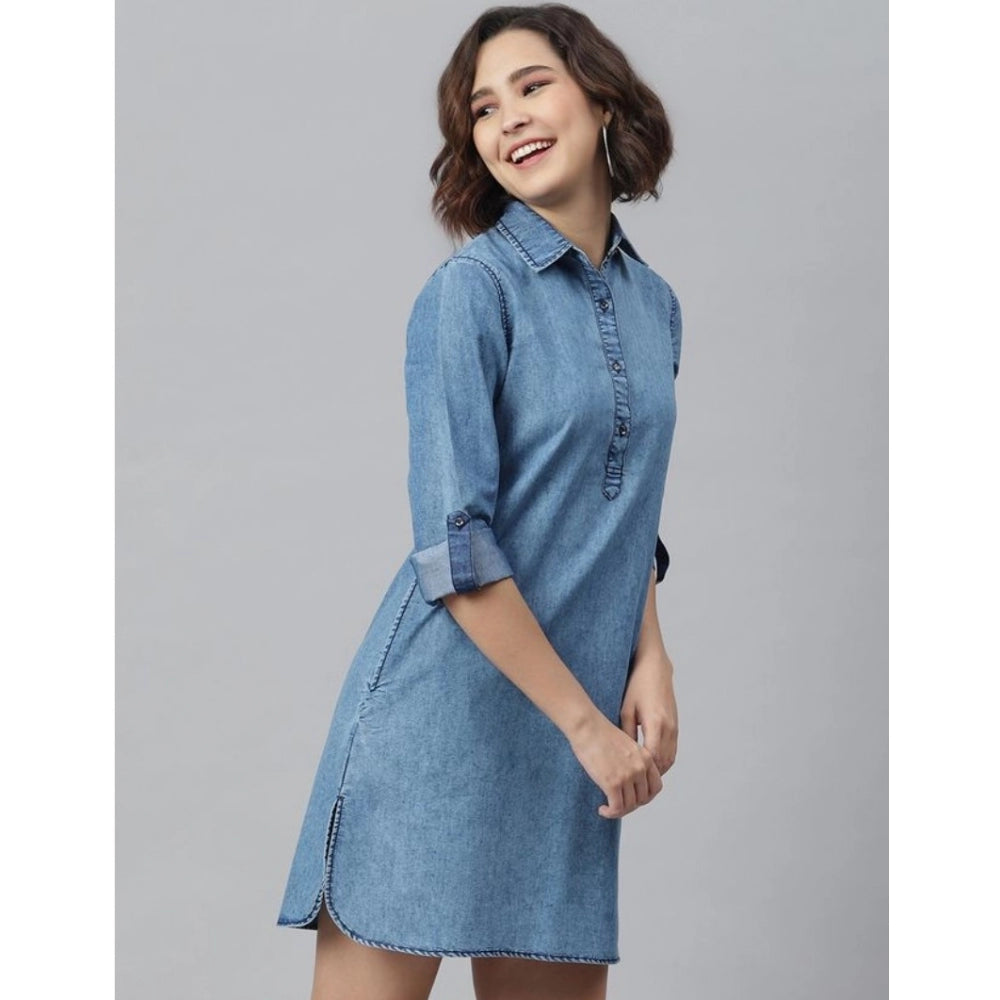 Women'S Denim Solid Long Sleeves Above Knee Dress (Ice Blue)