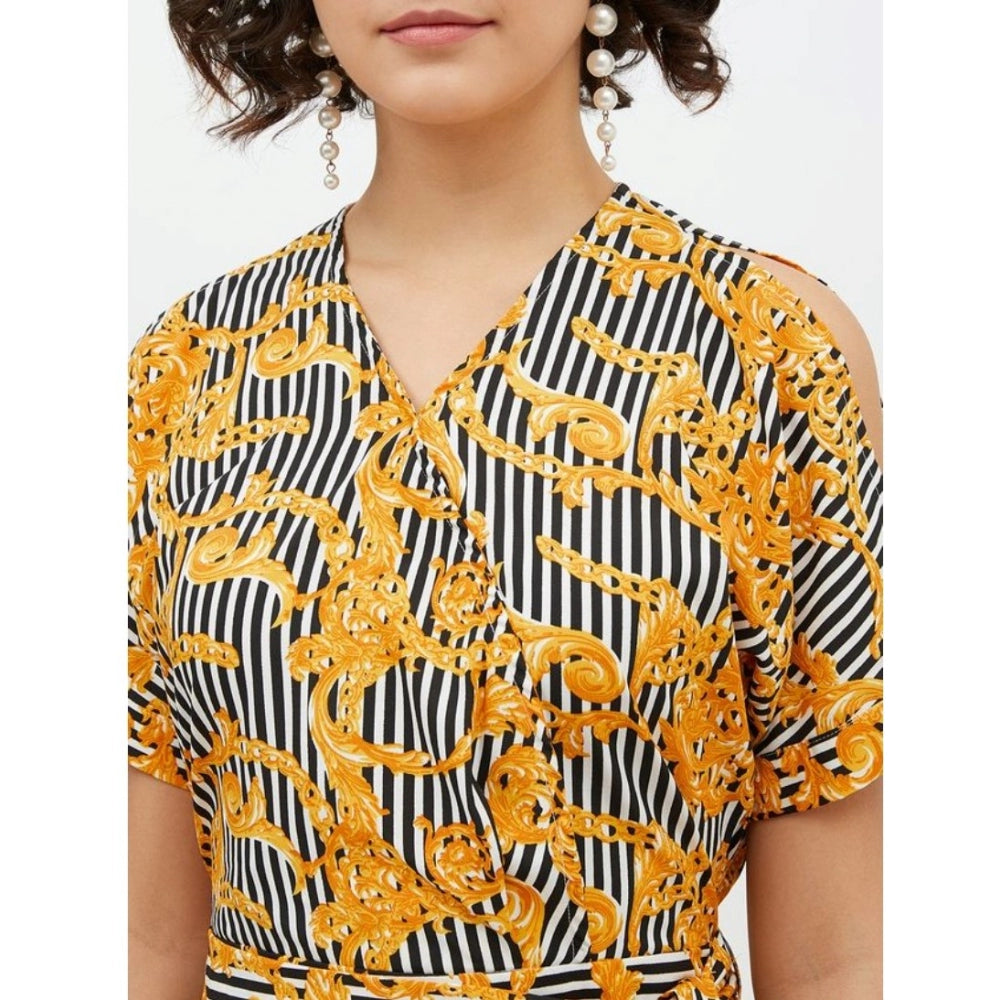 Women'S Polyester Printed Half Sleeve Long Jumpsuit (Yellow)