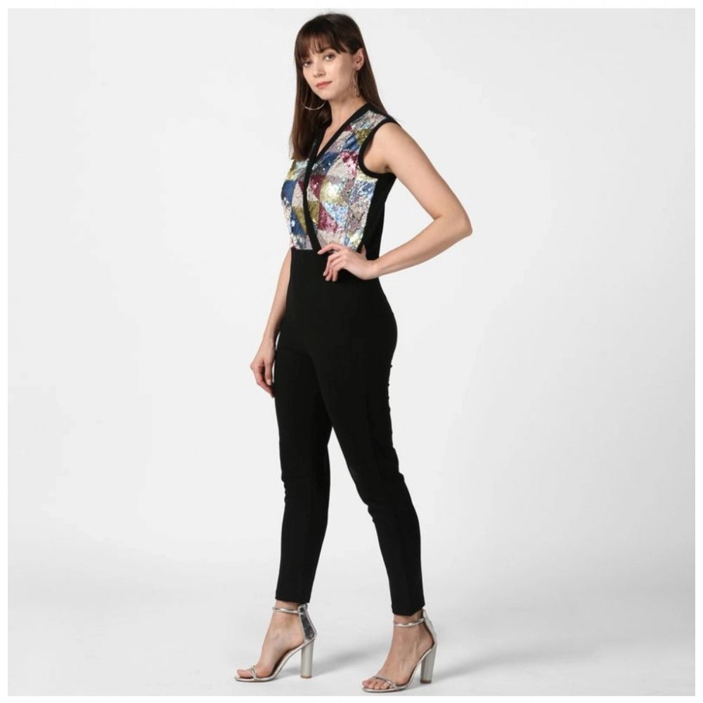 Women'S Polyester Embellished Sleeveless Jumpsuit (Black)