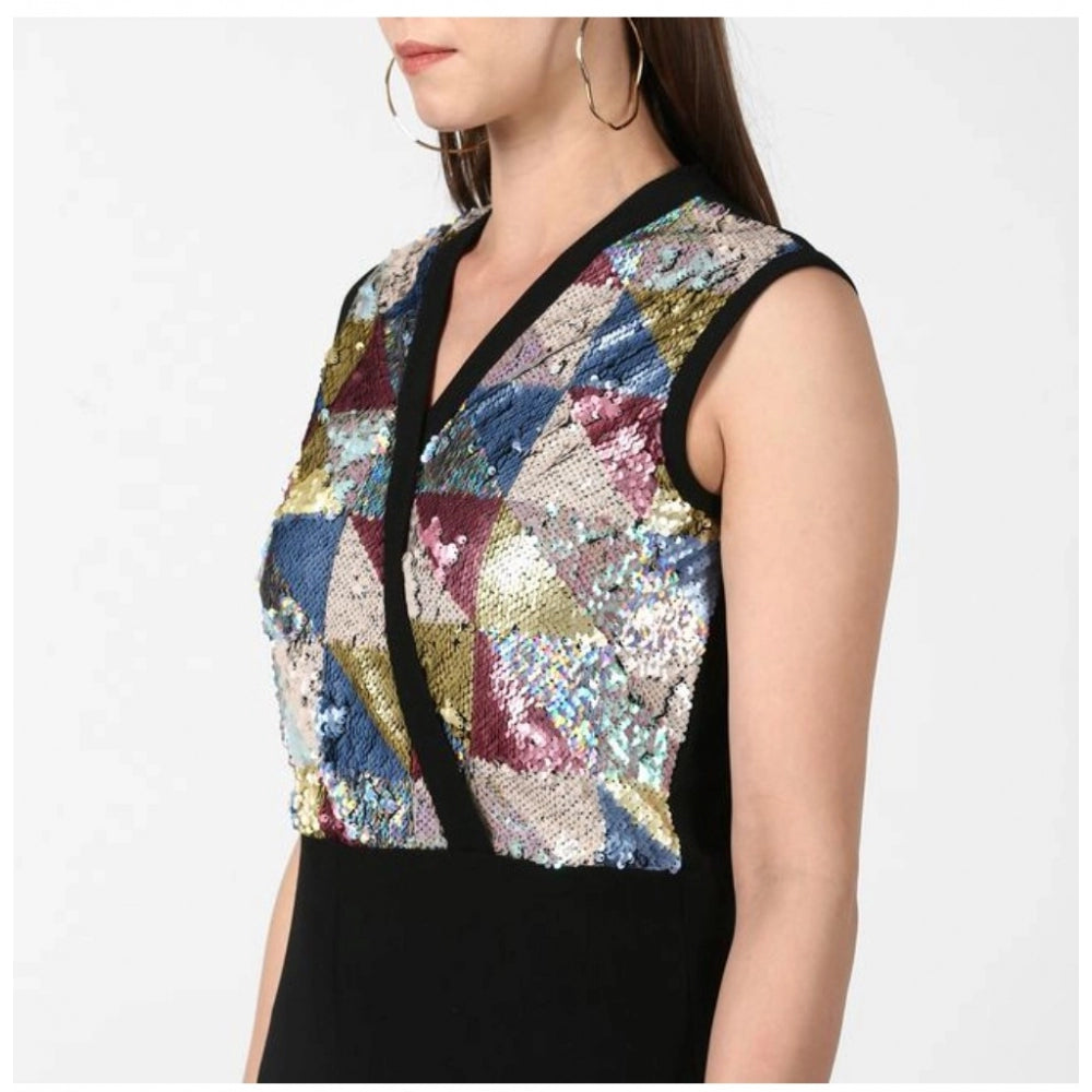 Women'S Polyester Embellished Sleeveless Jumpsuit (Black)