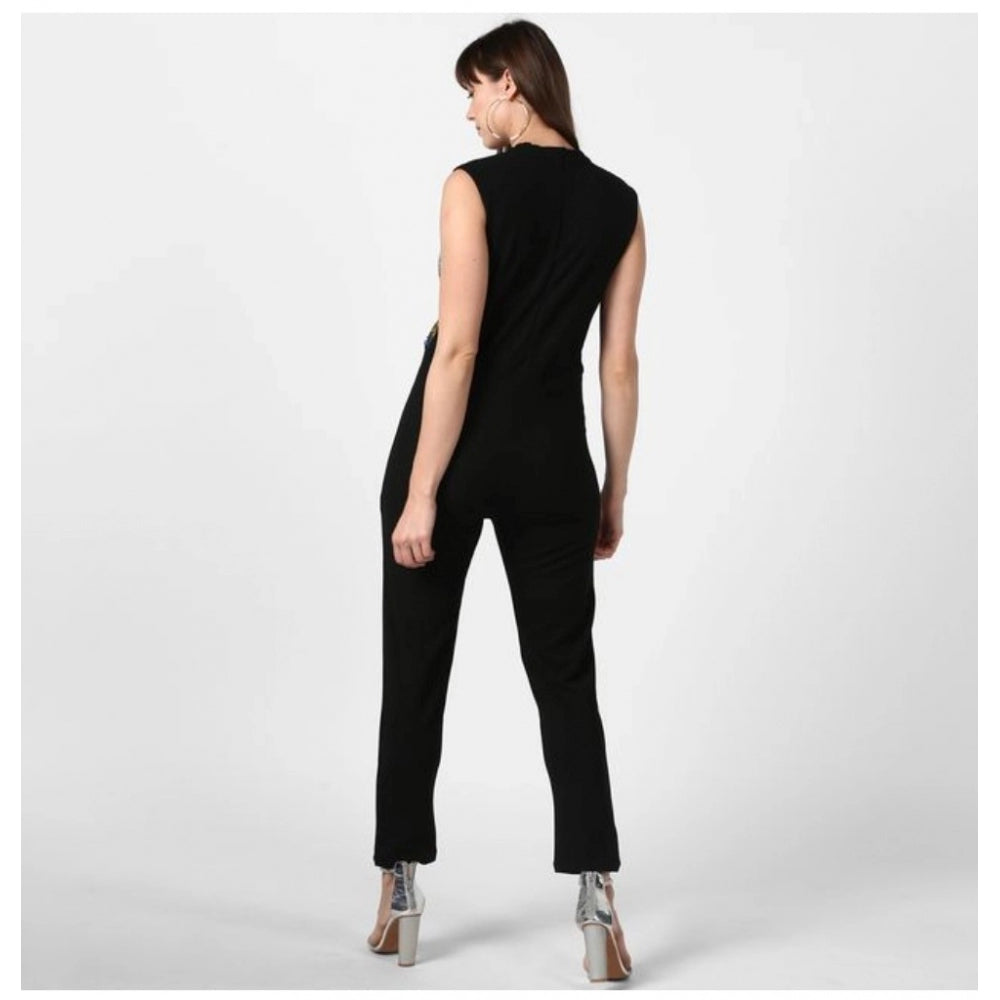 Women'S Polyester Embellished Sleeveless Jumpsuit (Black)