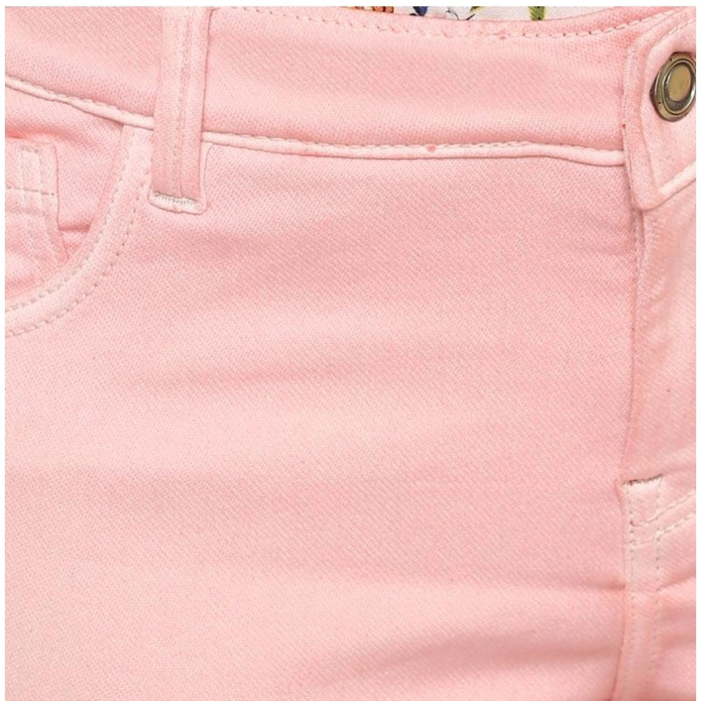 Women'S Denim Solid Buttoned Jeans (Pink)