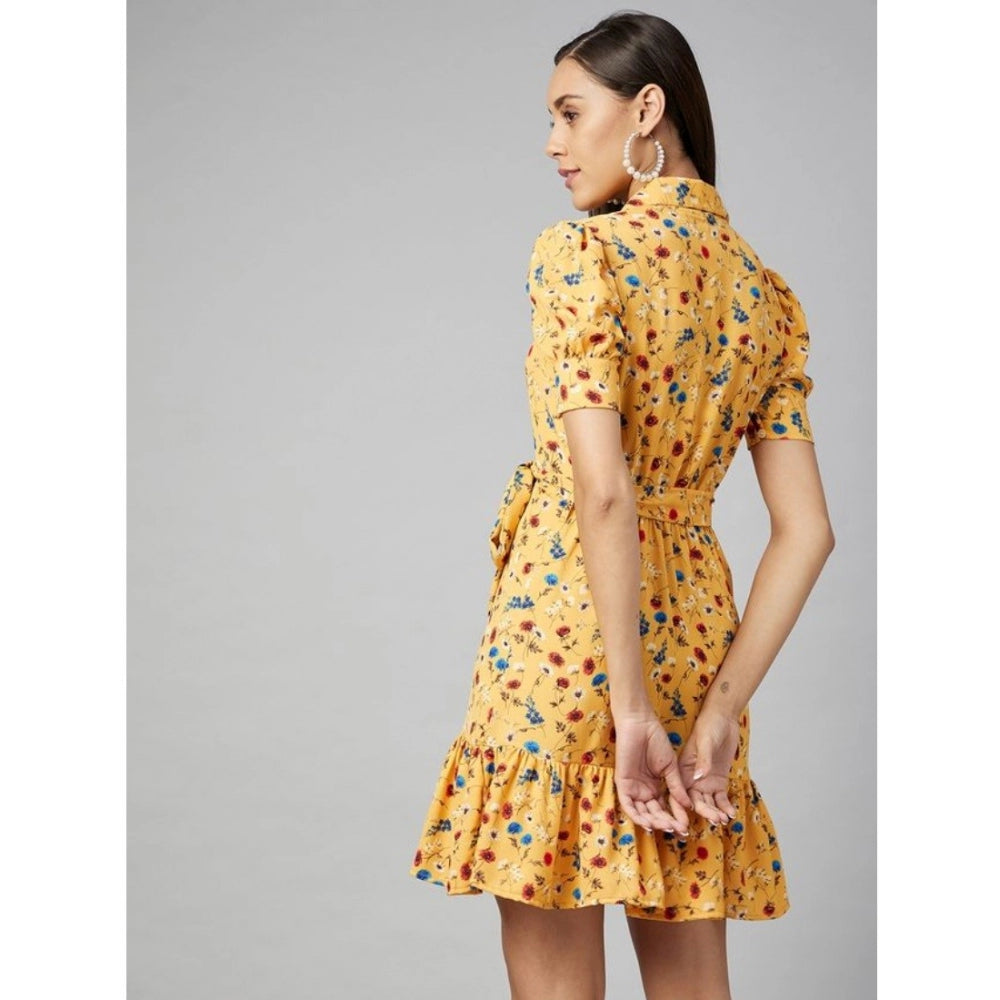 Women'S Polyester Floral Short Sleeve Above Knee Dress (Yellow