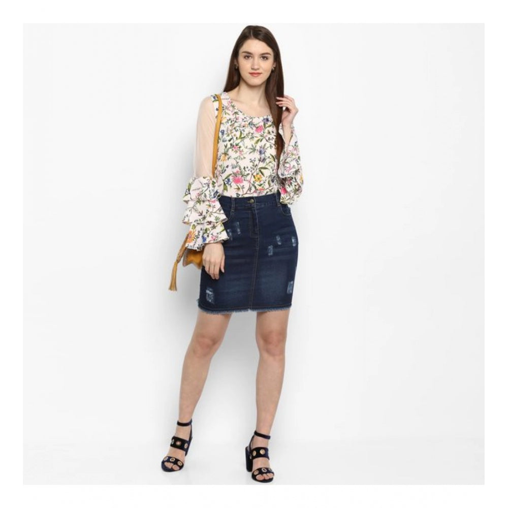 Women'S Denim Distressed Buttoned Skirt (Blue)