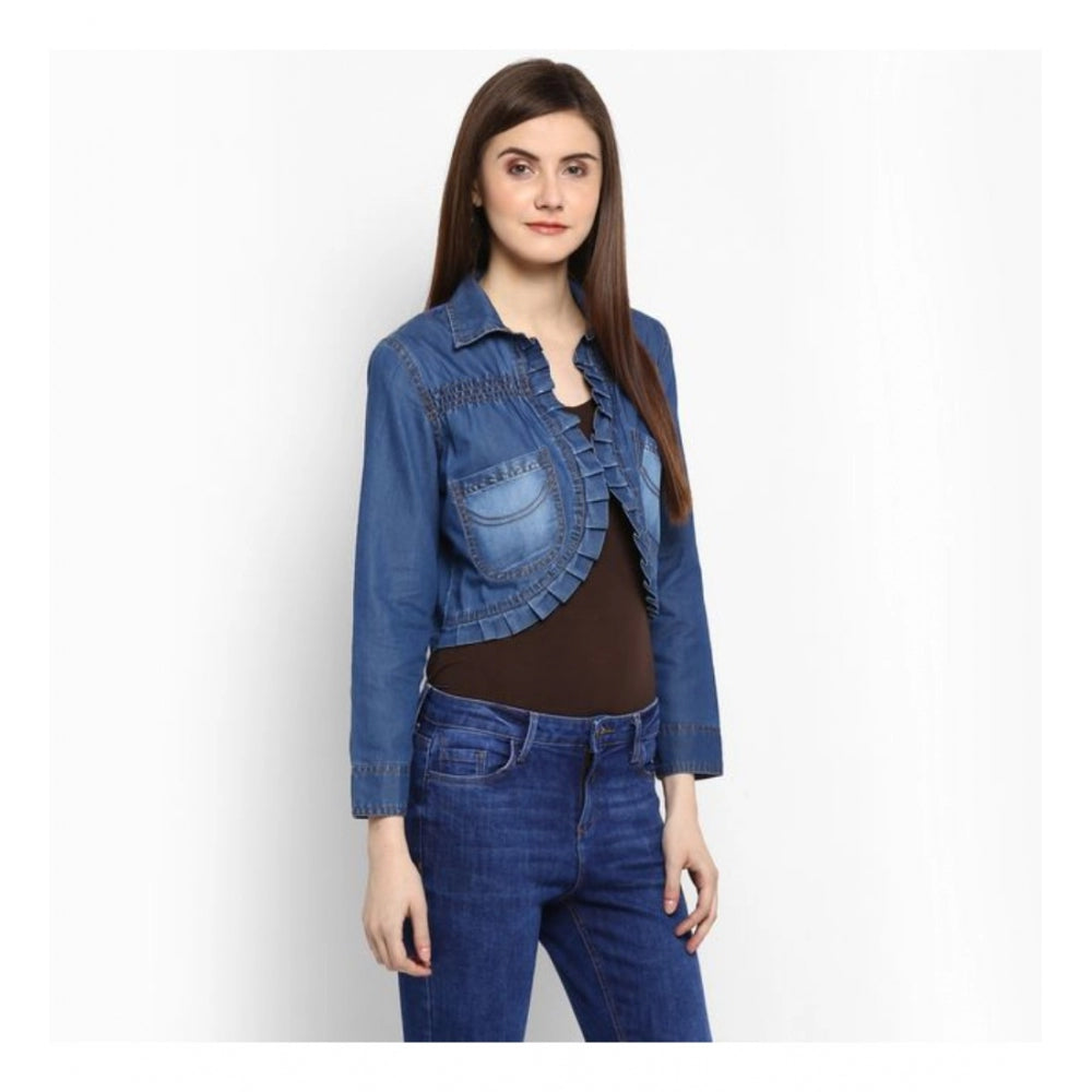 Women'S Denim Pleated 3-4Th Sleeves Shrug (Blue)