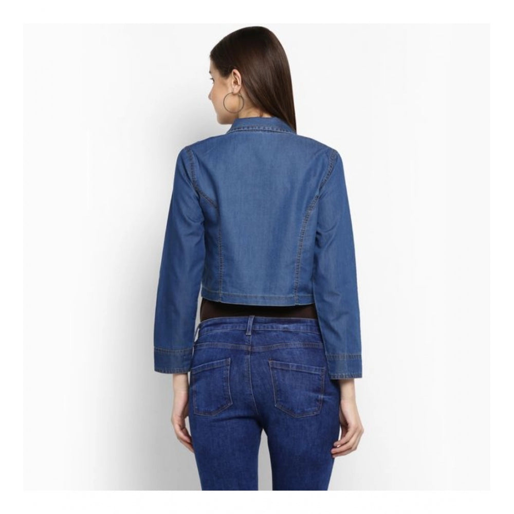 Women'S Denim Pleated 3-4Th Sleeves Shrug (Blue)