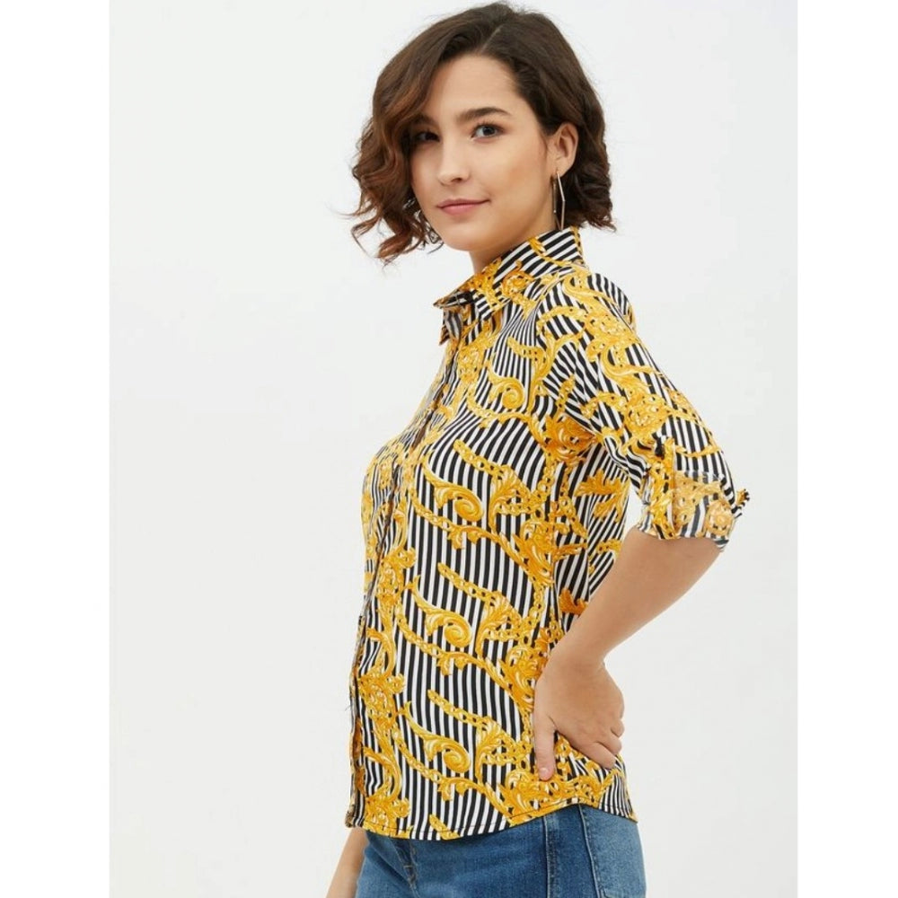 Women'S Polyester Printed Roll Up Sleeve Standard Length Shirt