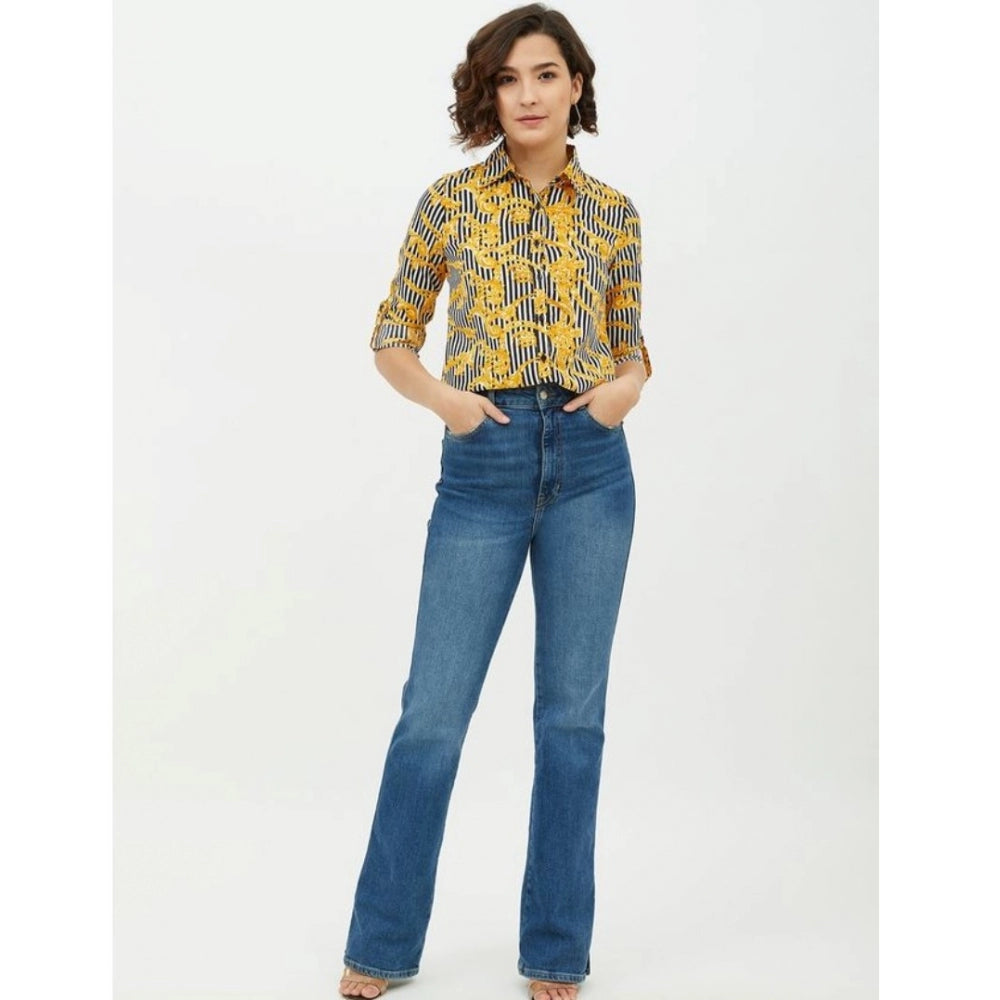 Women'S Polyester Printed Roll Up Sleeve Standard Length Shirt