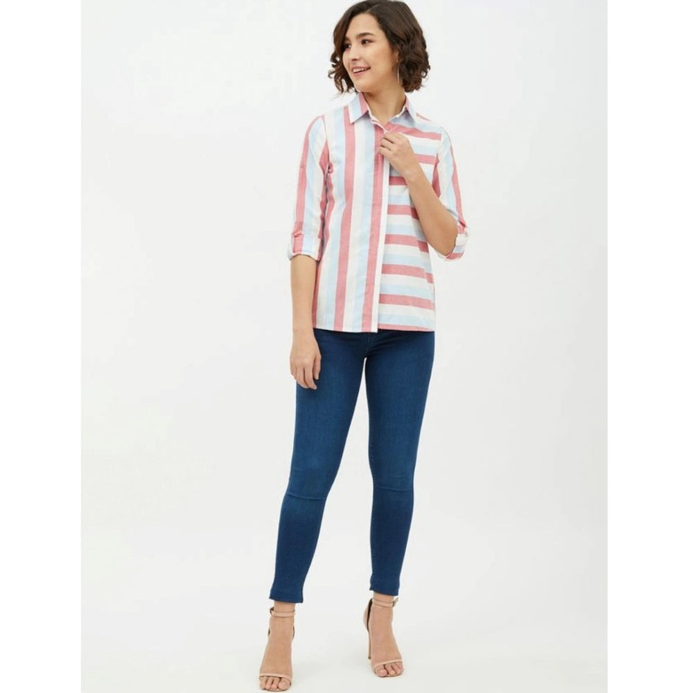 Women'S Cotton Striped Long Sleeves Standard Length Shirt (Pin