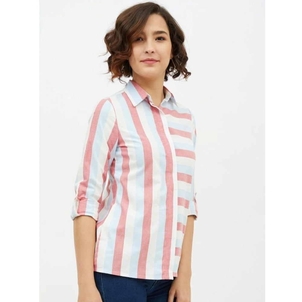 Women'S Cotton Striped Long Sleeves Standard Length Shirt (Pin