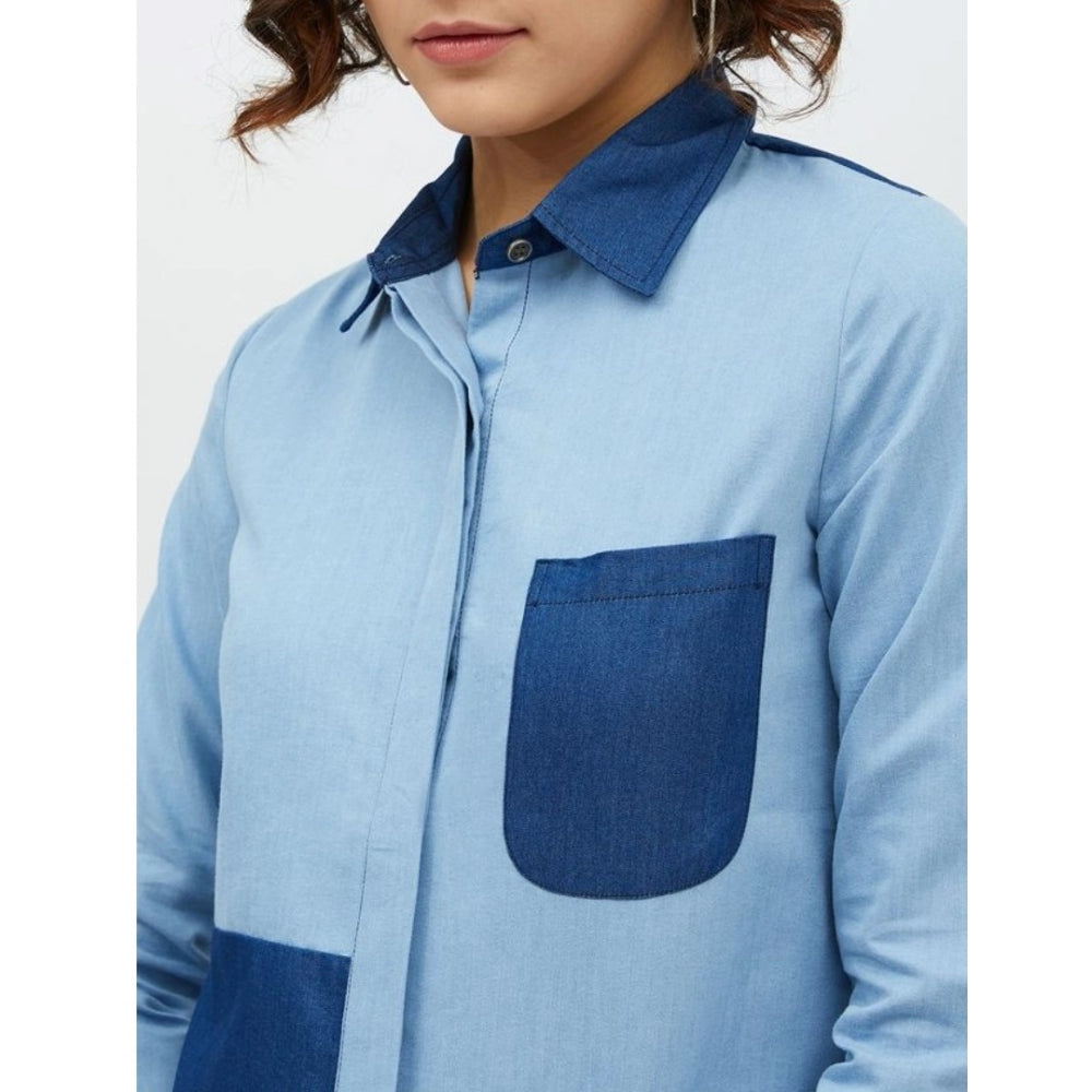 Women'S Denim Patch Work Long Sleeves Standard Length Shirt (B