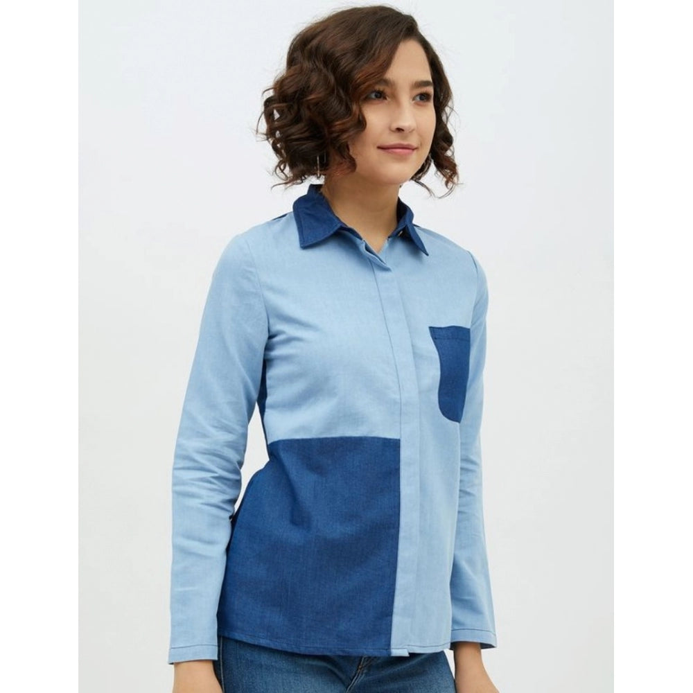 Women'S Denim Patch Work Long Sleeves Standard Length Shirt (B