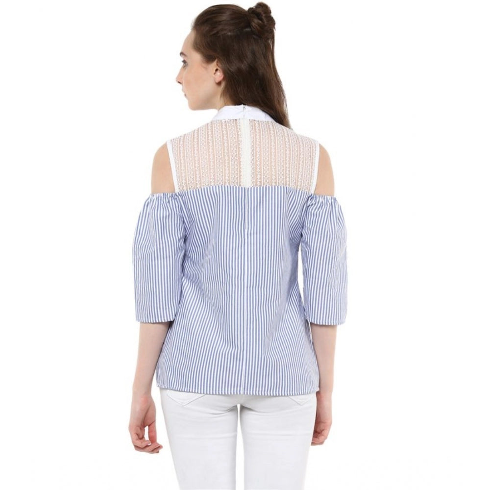 Women'S Cotton Striped Cold Shoulder Top (Blue)