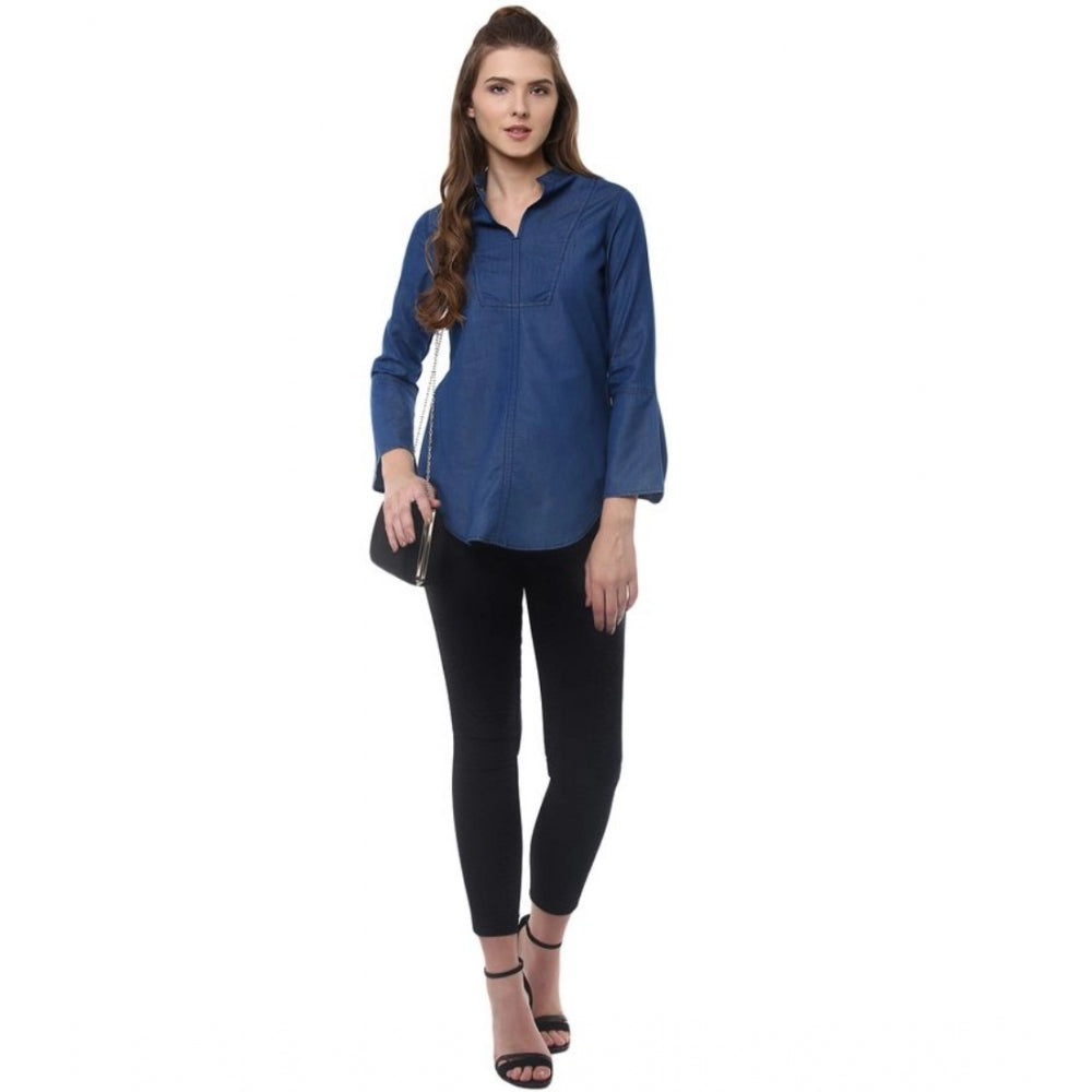 Women'S Denim Solid Bell Sleeve Regular Top (Blue Denim)