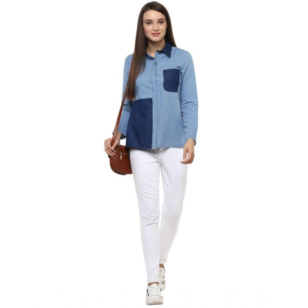Women'S Denim Patch Work Long Sleeves Regular Top (Blue)