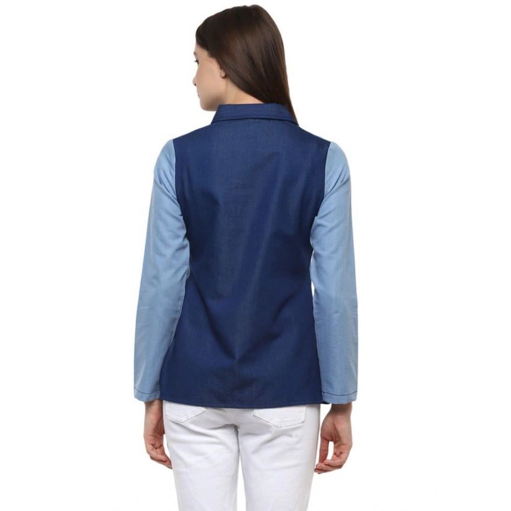 Women'S Denim Patch Work Long Sleeves Regular Top (Blue)